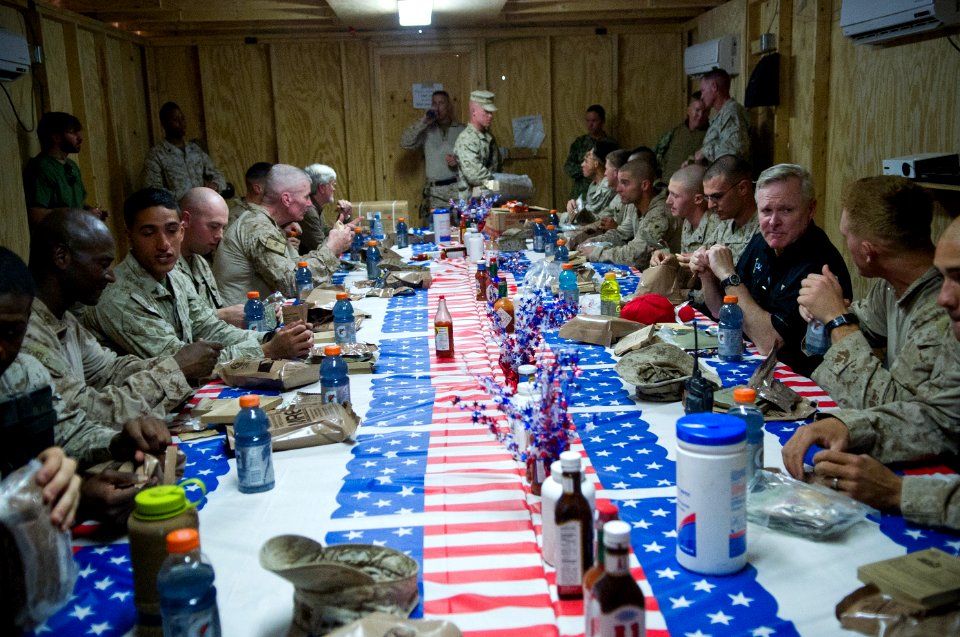 US Navy 110920-N-AC887-085 Secretary of the Navy (SECNAV) the Honorable Ray Mabus shares eats with Sailors and Marines at Forward Operating Base Ze