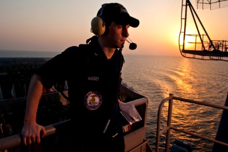 US Navy 110920-N-BT887-085 Intelligence Specialist 3rd Class Ross Massey, from Dunlap, Ill., stands an intelligence watch during a transit of the S