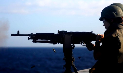 US Navy 110921-N-CT127-179 Sailors participate in a live-fire exercise on the M-240 machine gun aboard the San Antonio-class amphibious transport d