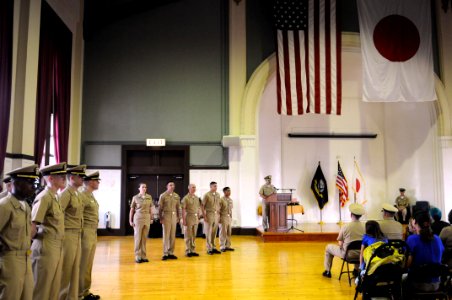 US Navy 110916-N-WW409-013 Cmdr. Brian Mutty delivers remarks during a chief petty officer pinning ceremony