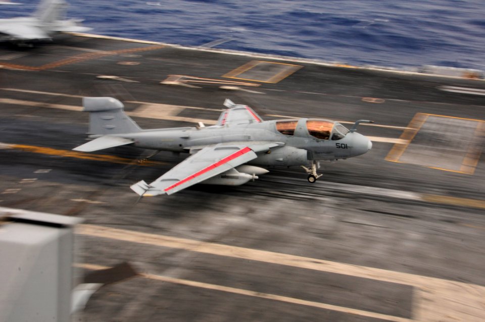 US Navy 110920-N-JO245-002 An EA-6B Prowler assigned to the Gauntlets of Electronic Attack Squadron (VAQ) 136 lands aboard the aircraft carrier USS