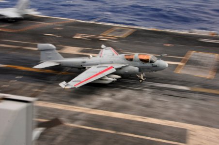 US Navy 110920-N-JO245-002 An EA-6B Prowler assigned to the Gauntlets of Electronic Attack Squadron (VAQ) 136 lands aboard the aircraft carrier USS