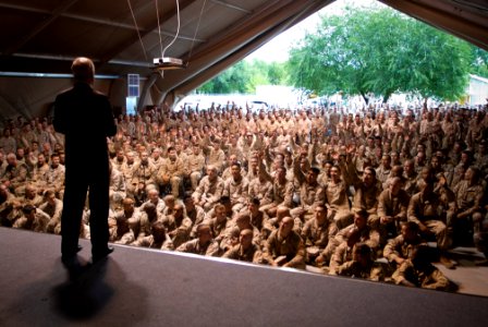 US Navy 110921-N-AC887-057 Secretary of the Navy (SECNAV) the Honorable Ray Mabus holds an all-hands call with Sailors and Marines at the Transit C