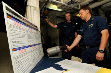 US Navy 110920-N-XQ375-056 Sonar Technician 2nd Class Andrew Beetz, left, and Fire Controlman 1st Class Michael Walker demonstrate clearing an M9 s