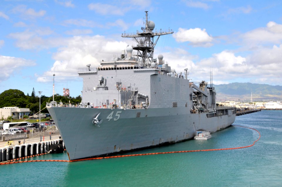 US Navy 110920-N-GW695-071 The amphibious dock landing ship USS Comstock (LSD 45) is pierside at Joint Base Pearl Harbor-Hickam during a scheduled