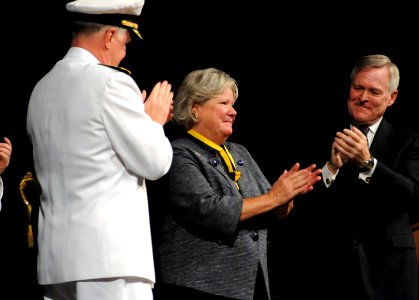 US Navy 110923-N-FC670-008 Ellen Roughead receives an award from the Secretary of the Navy (SECNAV) the Honorable Ray Mabus and Chief of Naval Ope