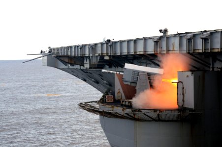 US Navy 110927-N-AU622-046 A rolling airframe missile (RAM) is fired from a launcher during a live-fire exercise aboard the aircraft carrier USS Dw