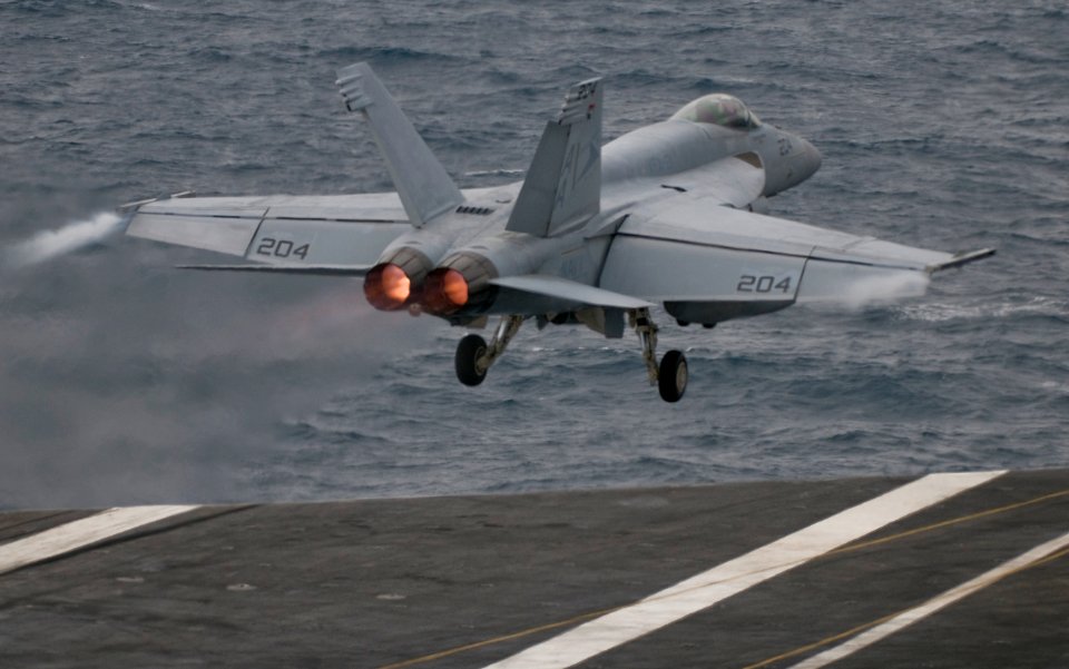 US Navy 110925-N-OK922-127 An F-A-18E Super Hornet assigned to Strike Fighter Squadron (VFA) 81 launches from the Nimitz-class aircraft carrier USS