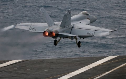 US Navy 110925-N-OK922-127 An F-A-18E Super Hornet assigned to Strike Fighter Squadron (VFA) 81 launches from the Nimitz-class aircraft carrier USS