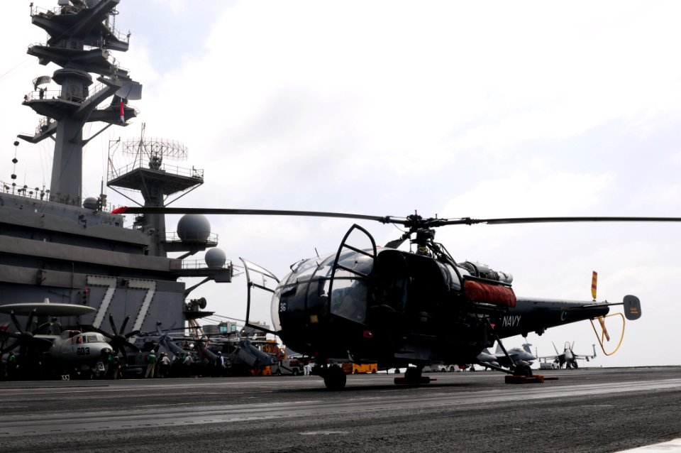 US Navy 110928-N-QL471-036 A Pakistan navy SA-319B Alouette III helicopter is chocked aboard the aircraft carrier USS George H.W. Bush (CVN 77)