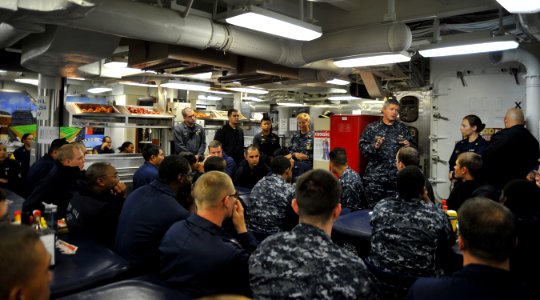 US Navy 110927-N-YB753-279 Vice Adm. Gerald R. Beaman, commander of U.S. 3rd Fleet, speaks to Sailors in the chiefs' mess aboard the guided-missile