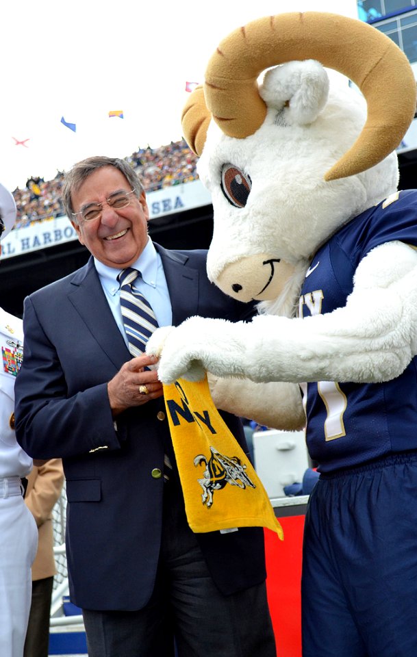 US Navy 111001-N-FC670-069 ANNAPOLIS, Md. (Oct. 1, 2011) Secretary of Defense (SECDEF) Leon Panetta is greeted by Bill the Goat