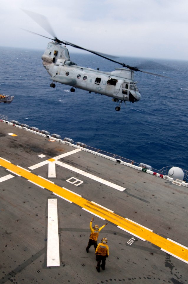 US Navy 111002-N-KM175-206 A CH-46E Sea Knight helicopter assigned to Marine Medium Helicopter Squadron (HMM) 265 takes off from the forward deploy