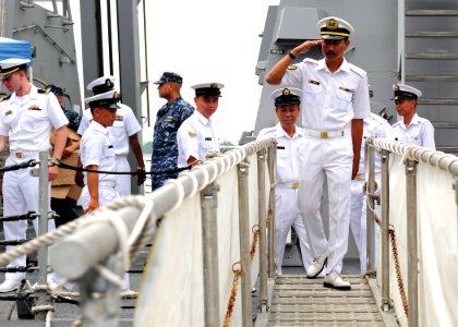 US Navy 111003-N-ED900-130 Royal Brunei Navy members exit across the brow of the Arleigh Burke-class guided-missile destroyer USS Dewey (DDG 105) a