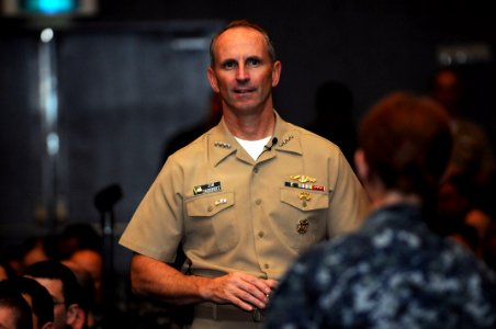 US Navy 111003-N-MU720-105 Chief of Naval Operations (CNO) Adm. Jonathan Greenert takes questions from Sailors during an all-hands call at Fleet Ac