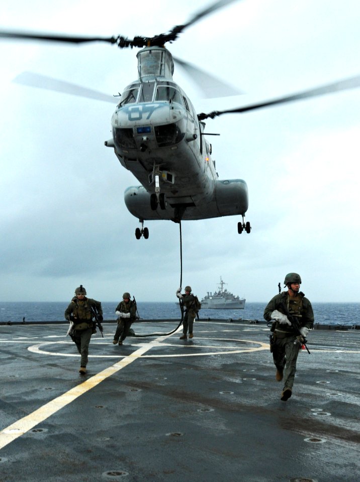 US Navy 111004-N-MW330-253 Marines assigned to the maritime raid force of the 31st Marine Expeditionary Unit (31st MEU) fast-rope