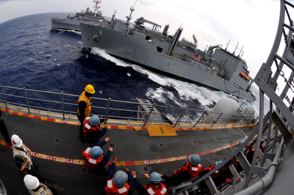 US Navy 111003-N-KM175-004 ailors aboard the forward-deployed amphibious assault ship USS Essex (LHD 2) man the phone and distance line during a re