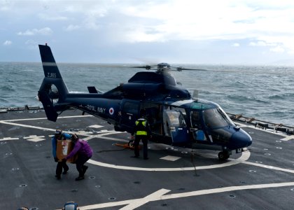 US Navy 111006-N-FI736-003 ailors unload supplies from a Royal Navy AS-3645N Dauphin helicopter on the flight deck of the guided-missile destroyer