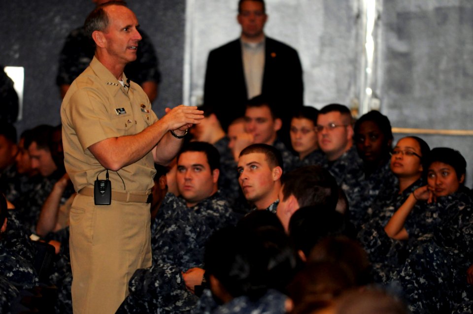 US Navy 111003-N-MU720-079 Chief of Naval Operations (CNO) Adm. Jonathan Greenert takes questions from Sailors during an all-hands call at Fleet Ac