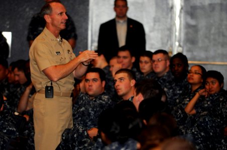 US Navy 111003-N-MU720-079 Chief of Naval Operations (CNO) Adm. Jonathan Greenert takes questions from Sailors during an all-hands call at Fleet Ac