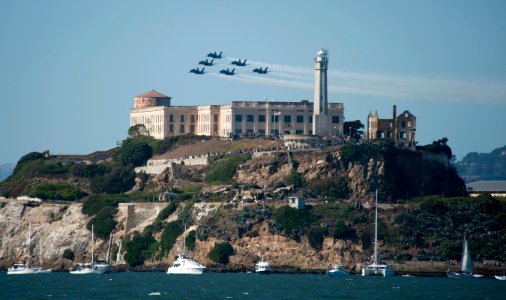 US Navy 111008-N-DR144-112 The U.S. Navy flight demonstration squadron, the Blue Angels, fly over Alcatraz Island