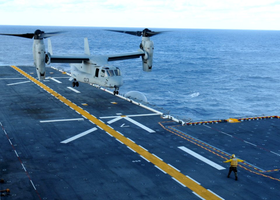 US Navy 111005-N-VE788-076 An MV-22 Osprey assigned to Marine Medium Helicopter Squadron (HMM) 261 lands aboard the multi-purpose amphibious assaul