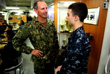 US Navy 111008-N-VN693-639 Chief of Naval Operations (CNO) Adm. Jonathan Greenert speaks to Sailors on the mess decks of the Nimitz-class aircraft
