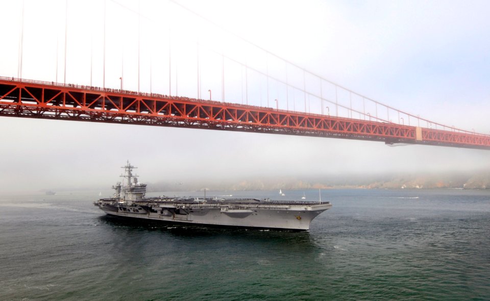 US Navy 111008-N-GZ277-217 The Nimitz-class aircraft Carrier USS Carl Vinson (CVN 70) passes under the Golden Gate bridge during the San Francisco
