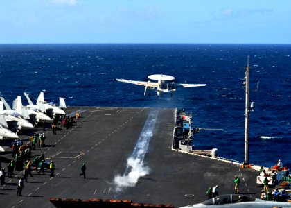 US Navy 111006-N-YB753-035 An E-2C Hawkeye assigned to the Sun Kings of Airborne Early Warning Squadron (VAW) 116 launches from the flight deck of