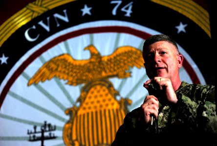US Navy 111008-N-VN693-273 Master Chief Petty Officer of the Navy (MCPON) Rick D. West speaks to Sailors during an all-hands call aboard the Nimitz