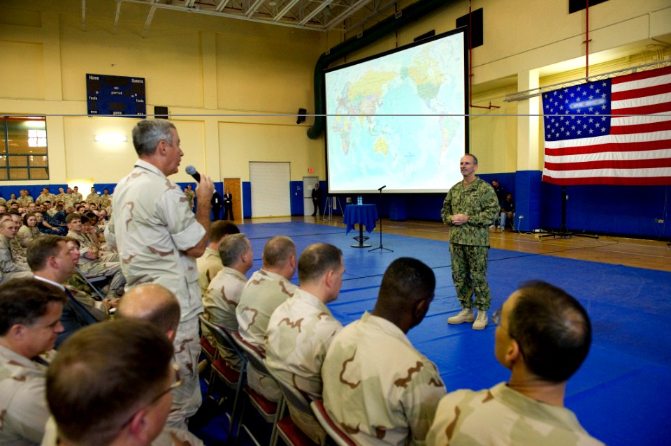 US Navy 111006-N-IR479-095 Chief of Naval Operations (CNO) Adm. Jonathan Greenert answers questions during an all-hands-call at Naval Support Activ
