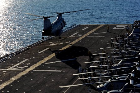 US Navy 111008-N-DX615-004 A CH-46E Sea Stallion helicopter assigned to the Red Dragons of Marine Medium Helicopter Squadron (HMM) 268