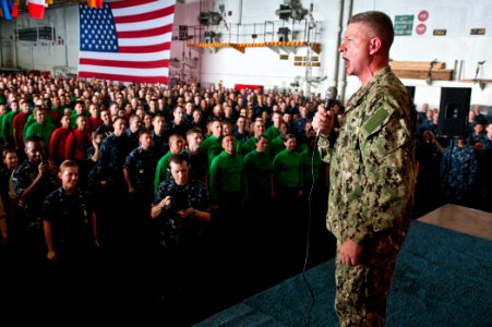 US Navy 111008-N-BT887-029 Master Chief Petty Officer of the Navy (MCPON) Rick D. West speaks to Sailors during an all-hands call aboard the Nimitz
