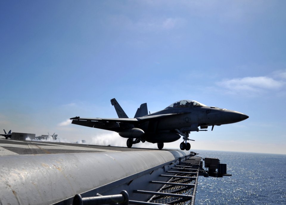 US Navy 111011-N-YB753-035 An F-A-18F Super Hornet assigned to the Bounty Hunters of Strike Fighter Squadron (VFA) 2 launches from the Nimitz-class