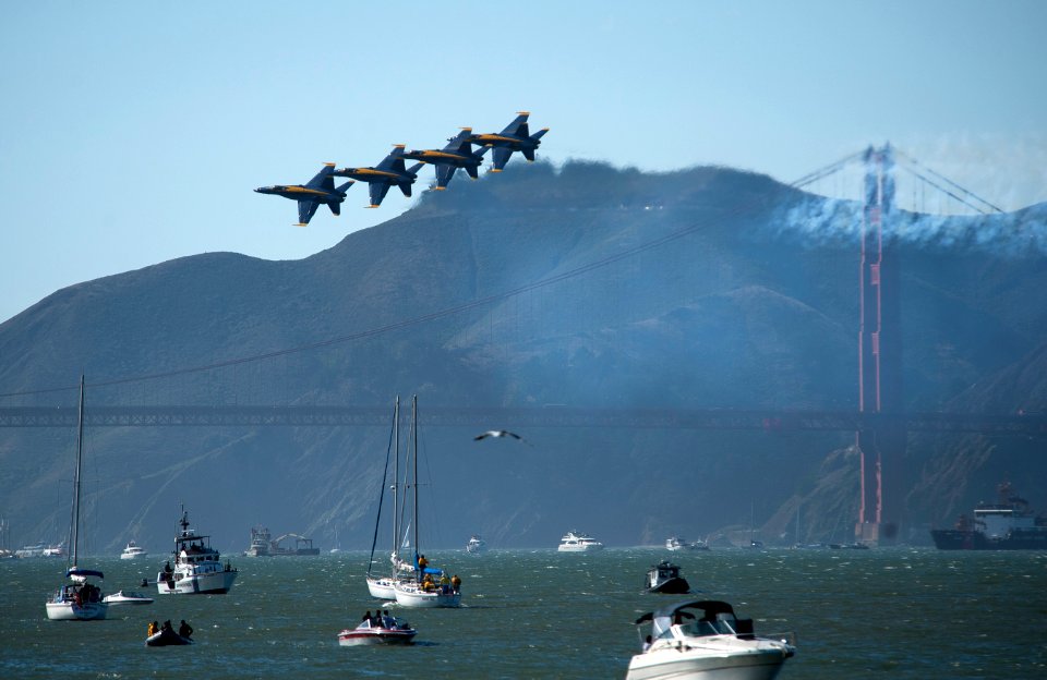 US Navy 111008-N-DR144-321 The U.S. Navy flight demonstration squadron, the Blue Angels, fly over San Francisco Bay