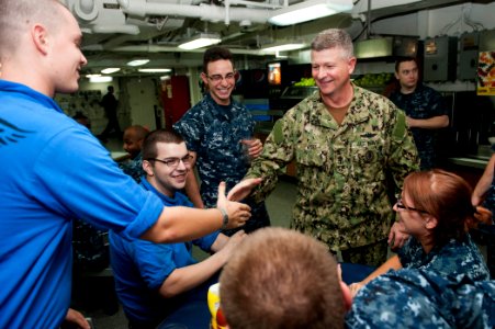 US Navy 111008-N-BT887-528 Master Chief Petty Officer of the Navy (MCPON) Rick D. West speaks to Sailors aboard the Nimitz-class aircraft carrier U