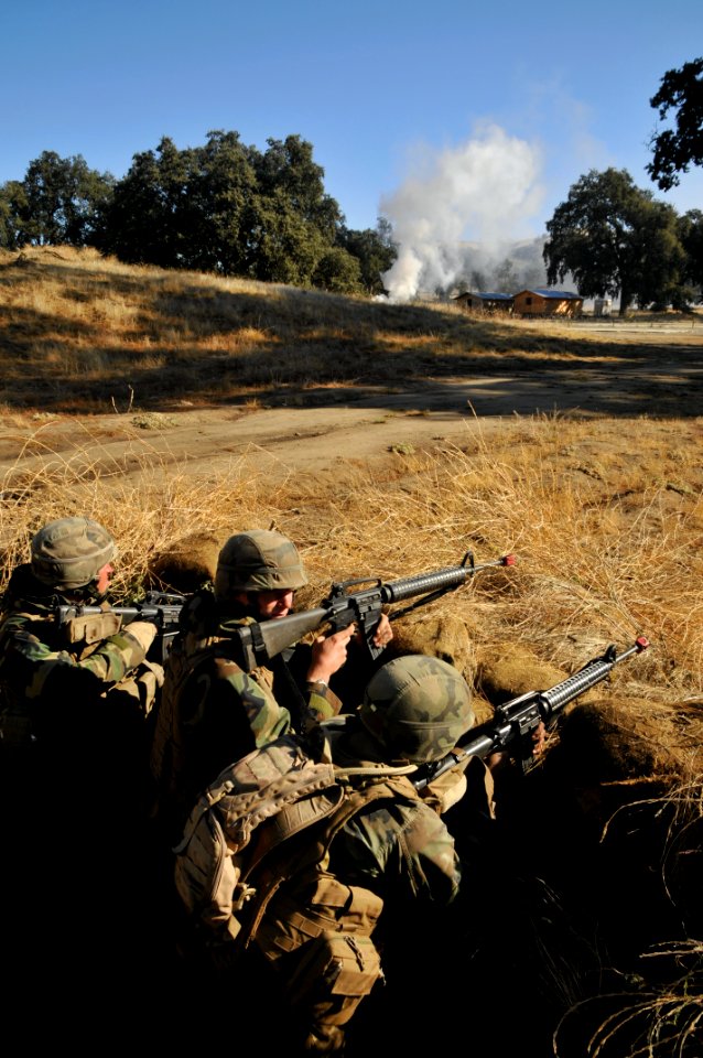 US Navy 111008-N-SM578-040 Seabees assigned to Naval Mobile Construction Battalion (NMCB) 40, defend their camp at Forth Hunter Liggett, Calif., du