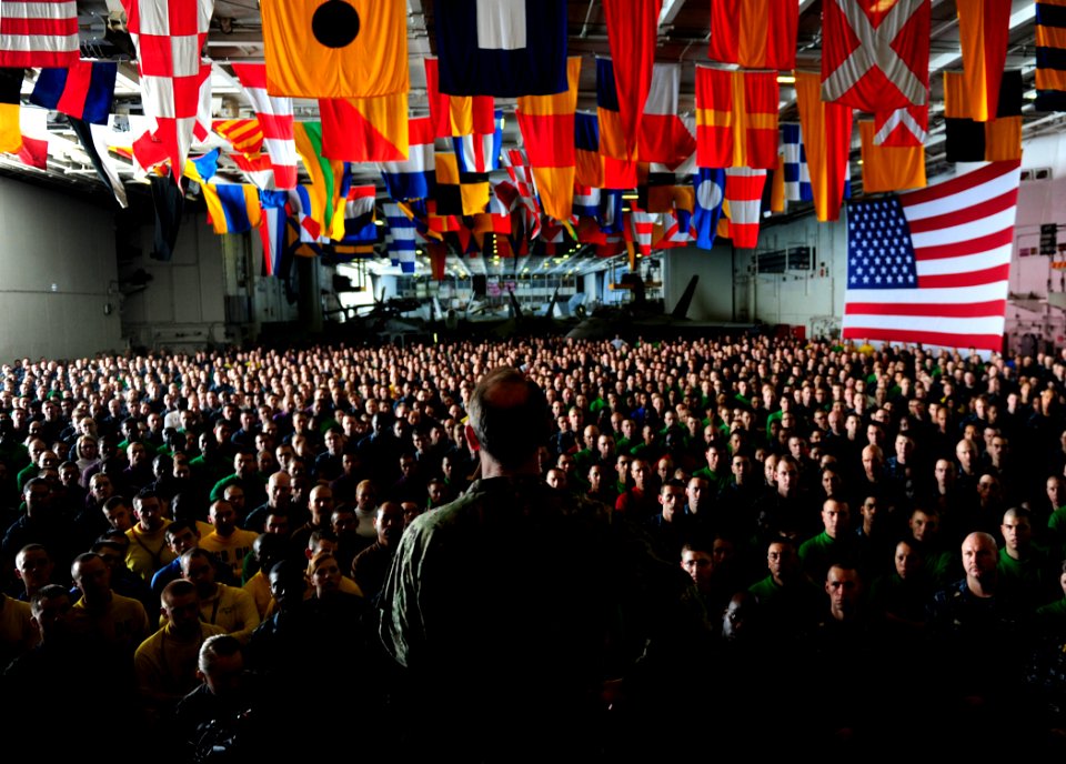 US Navy 111008-N-VN693-229 Chief of Naval Operations (CNO) Adm. Jonathan Greenert speaks to Sailors during an all-hands call aboard the Nimitz-clas