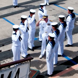 US Navy 111011-N-WX059-209 Adm. Patrick M. Walsh, commander of the U.S. Pacific Fleet, prepares to board the Japan Maritime Self-Defense Force trai