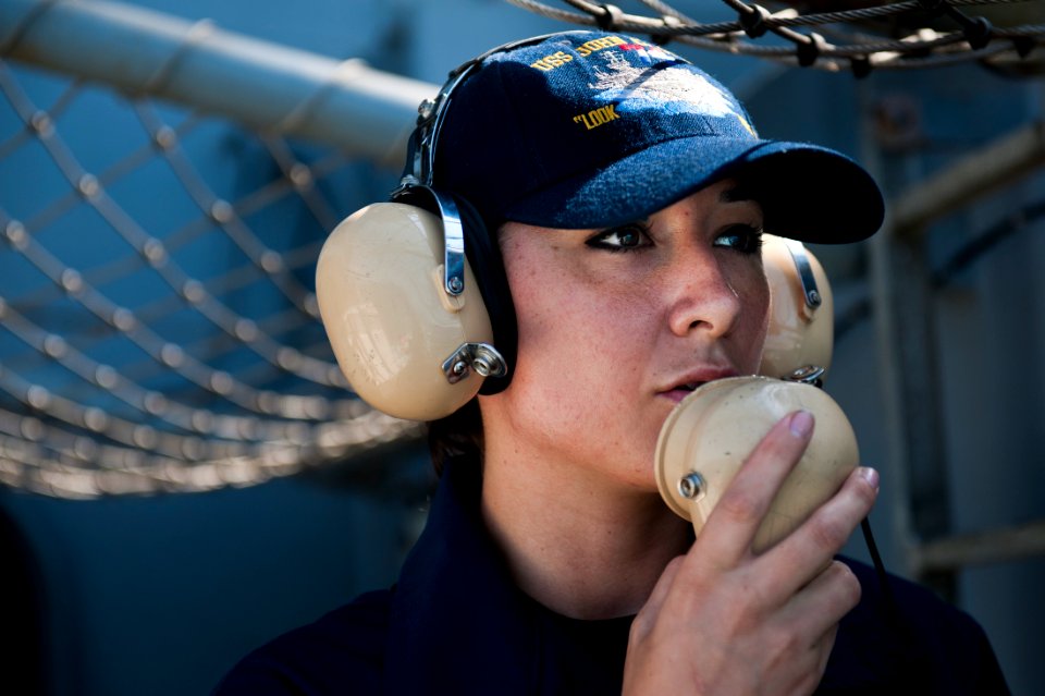 US Navy 111011-N-BT887-183 Boatswain's Mate Seaman Jenn Reeder, from Solvang, Calif., stands watch on the fantail aboard the Nimitz-class aircraft