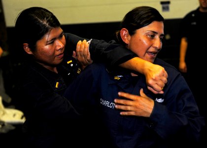 US Navy 111010-N-VH839-100 Ensign Iris Wood, left, a main propulsion's officer aboard the Arleigh Burke-class guided-missile destroyer USS Dewey ( photo