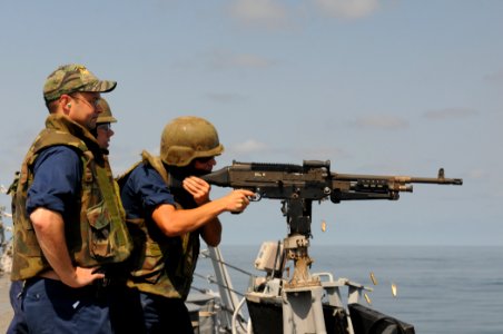 US Navy 111013-N-XQ375-247 Chief Gunner's Mate Richard Randle, left, and Gunner's Mate 2nd Class Stephen Moseley observe as Gunner's Mate 2nd Class
