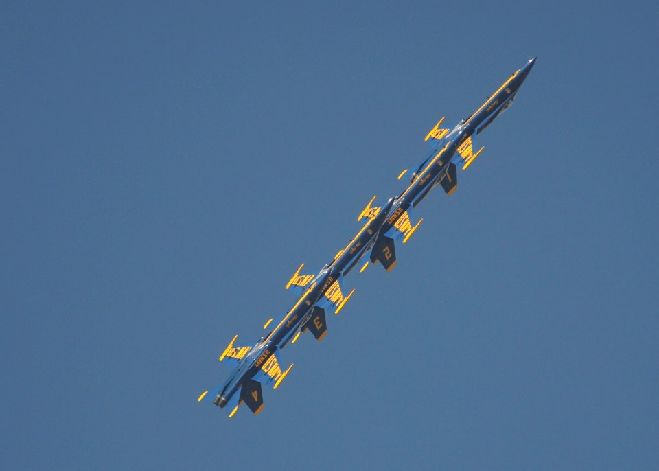 US Navy 111015-N-IR859-030 The U.S. Navy flight demonstration squadron, the Blue Angels, performs the Left Echelon Roll at the Naval Air Station (N