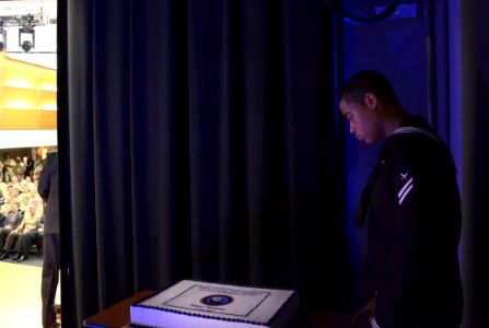 US Navy 111013-N-FC670-079 The youngest Sailor on the Office of the Chief of Naval Operations staff, Seaman Apprentice Samuel Brown, 19-year-old Ye