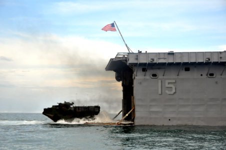US Navy 111012-N-YX169-337 An amphibious assault vehicle assigned to the 2nd Marine Division from Camp Lejeune, N.C, drives off the stern gate of t