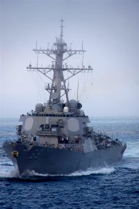 US Navy 111011-N-ZC343-473 The guided-missile destroyer USS Milius (DDG 69) practices an emergency breakaway during an underway replenishment with