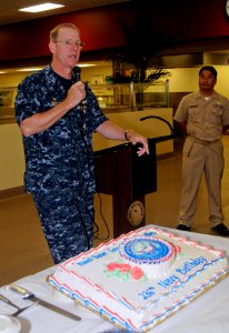 US Navy 111013-N-SH505-036 Capt. Yancy B. Lindsey, commanding officer of Naval Base Coronado, speaks at the galley on Naval Amphibious Base San Die photo