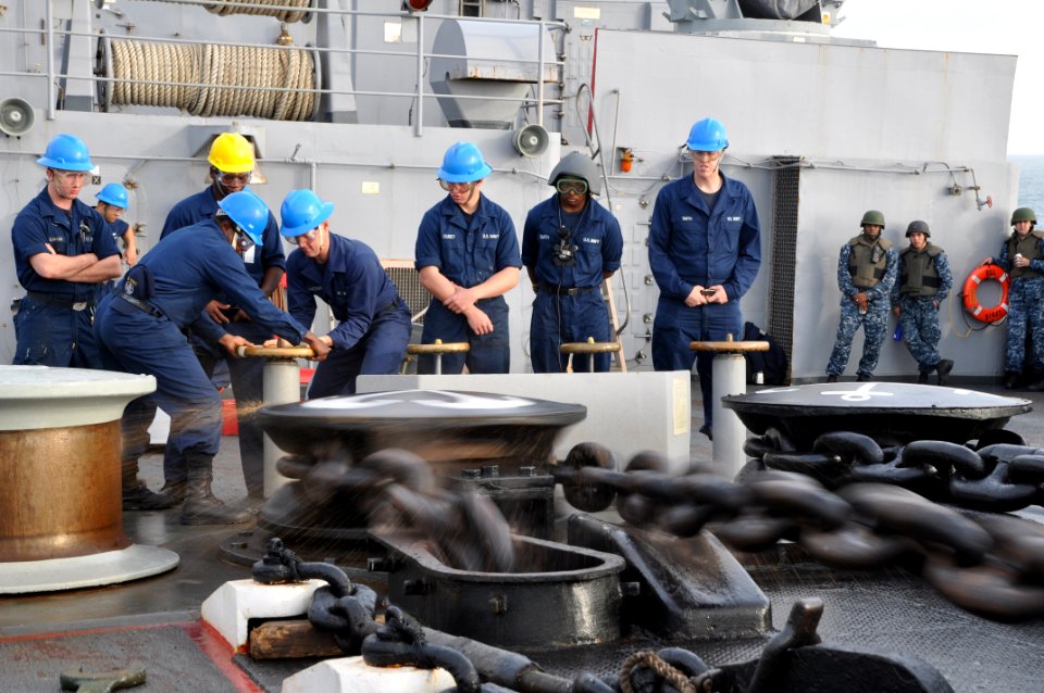 US Navy 111012-N-YX169-051 Sailors release the wildcat brake of the USS Ponce (LPD 15)