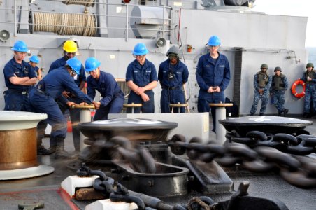US Navy 111012-N-YX169-051 Sailors release the wildcat brake of the USS Ponce (LPD 15)