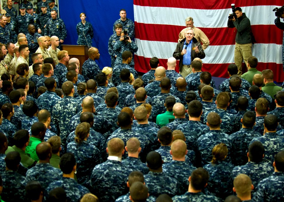 US Navy 111015-N-AC887-004 Secretary of the Navy (SECNAV) the Honorable Ray Mabus speaks to Sailors and Marines during an all-hands call aboard the